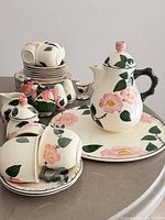 Group shot of complete Wild-Rose service including coffee pot, sugar bowl, creamer, cups, saucers, platter, shakers