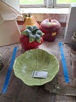 Group shot of cabbage bowl and three fruit cookie jars