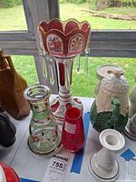 Group showing mantle luster, decanter and bud vase