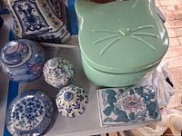 Group shot showing all five lidded dishes including cat jar and rectangular box