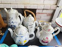 Group of assorted teapots on table