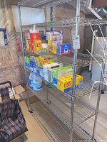 Full view of chrome wire shelving unit with six shelves