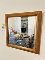 Full view of mirror on wall showing wooden frame and reflection