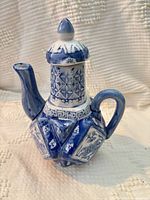Front view of blue and white porcelain teapot showing faceted body, handle and lid