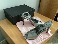 Side view of silver slingback heels on tissue with box