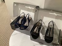 Both pairs of sandals displayed on boxes