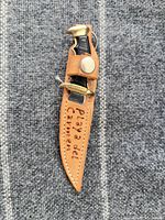 Knife in leather sheath front view