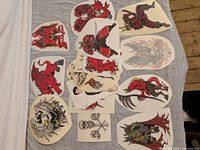 Full group of assorted stickers laid out on fabric