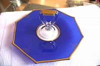 Full view of octagonal blue glass tray with clear handle and gold rim