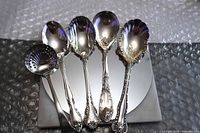 Front view of all five silver-plated serving spoons