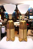 Front view showing both Mitchell Lumitone radio lamps with shades