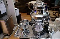 Percolator, creamer, sugar bowl, tray overall view