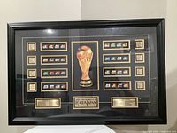 Full view of framed memorabilia showing trophy image, flag pins, plaques, and frame