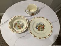 Overall view showing plate, bowl, cup