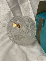 Crystal sphere vase front view with labels and box