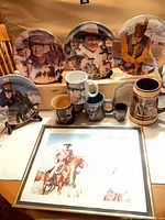 Overview of plates, mugs, stein, framed print in lot