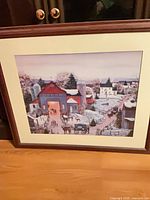 Full view of framed winter farm scene print
