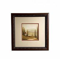 Front view showing framed Tuscan landscape print with mats and frame detail