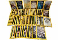 Overhead view showing entire spread of roughly 60 National Geographic magazines, covers visible in rows