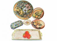 Group shot of six hand-painted ceramic pieces