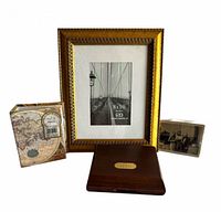 All four items: gold 8x10 frame, wood box, map-print container, sepia-photo box