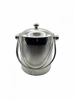 Front view of stainless steel ice bucket with lid and handle