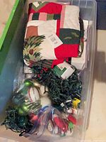 Overview of tote with quilted fabric, lights, ornaments