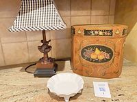 All three items together: lamp, painted tin, ceramic dish