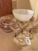 Entire lot showing three glasses, striped pitcher, white bowl