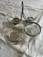 Overall view of all serving pieces on tablecloth