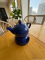 Teapot resting on warmer showing full set