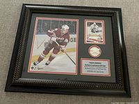 Front view of framed Tomas Kaberle memorabilia showing photos, net piece and plaque