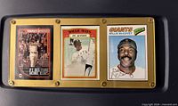 Front view of Willie Mays, Willie McCovey, Barry Bonds cards in frame