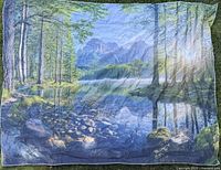 Full view of tapestry showing landscape print