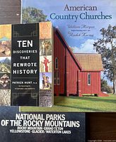 All three book covers visible: American Country Churches, Ten Discoveries That Rewrote History, National Parks of the Rocky Mountains