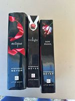 Spine view of all three Stephenie Meyer books showing titles and publisher
