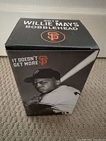 Front of 2019 Willie Mays bobblehead box with Giants branding
