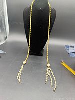 Full view of entire necklace on display stand showing rope chain and tassel drops