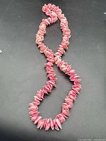 Full view of the long pink shell necklace arranged on flat surface