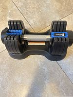 Top view of adjustable dumbbell seated in dock, showing selector rail and weight plates