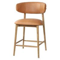 Front view of tan leather-look counter stool with wooden frame