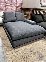 Front view of the Moe's Plunge fabric chaise lounge showing overall design, right arm, deep seat and two back cushions