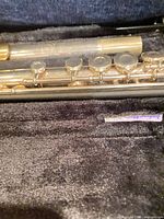 Flute key section showing gold lacquer and closed-hole keys inside case