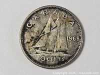 Reverse side showing Bluenose schooner, date 1968, denomination 10 CENTS