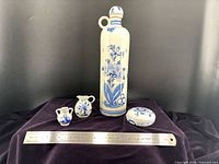 Full set: tall bottle with stopper, two mini pitchers, round trinket box, ruler for scale