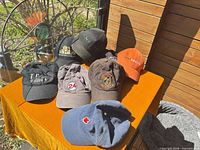 All eight caps displayed on tabletop, assorted colors and logos visible