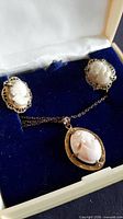 Open jewelry case showing cameo necklace pendant and matching earrings