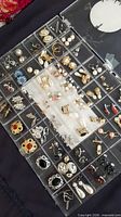 overview of compartmented organizer filled with assorted vintage earrings