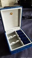 Case open showing beige interior with ring roll, earring pad and compartment