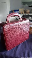 Front view of red croc-embossed jewellery case with handle